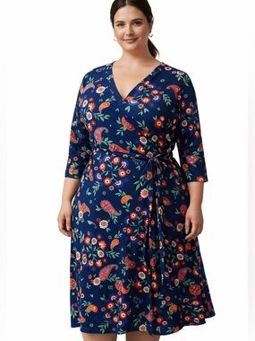 Croft & Barrow 1X Navy Floral Wrap Dress Midi Plus Size NWT